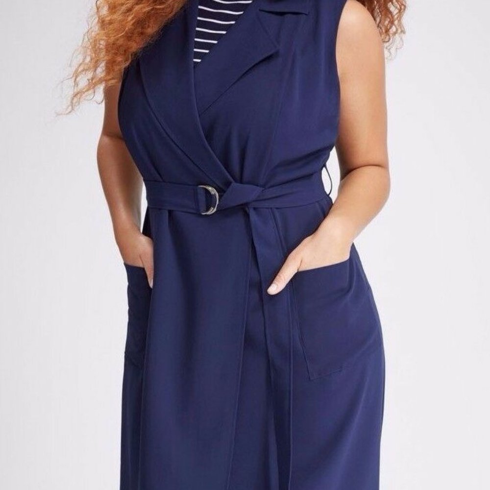 NWT Lane Bryant Sleeveless Trench Coat Navy Blue Long Tie Vest Plus Size 26/28 - Picture 4 of 8